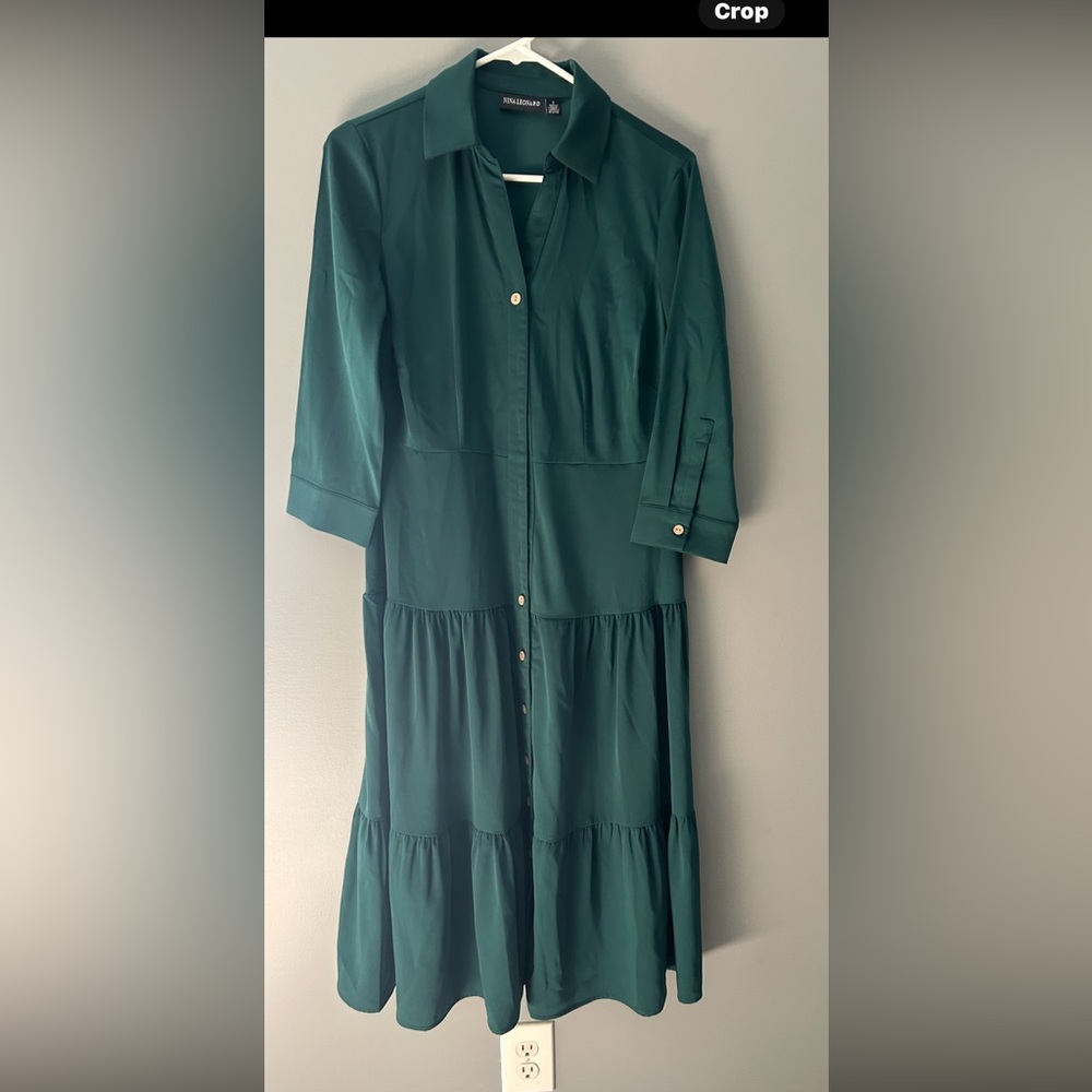 Nina Leonard Green Pleated Cuffed Shirt Dress